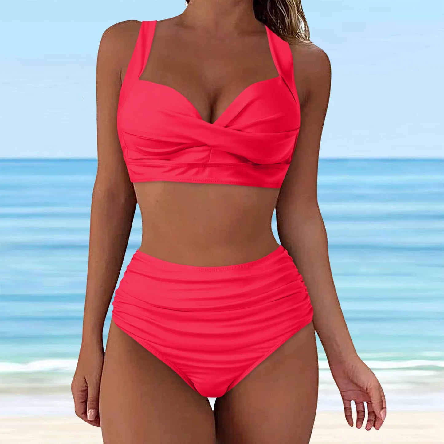 Sexy Push Up Two Piece Swimsuit Vintage Ruched High Waist Bikini Set