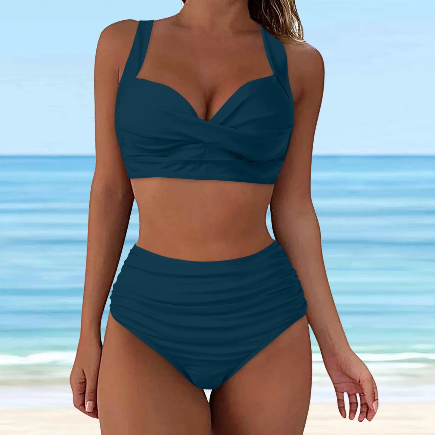 Sexy Push Up Two Piece Swimsuit Vintage Ruched High Waist Bikini Set