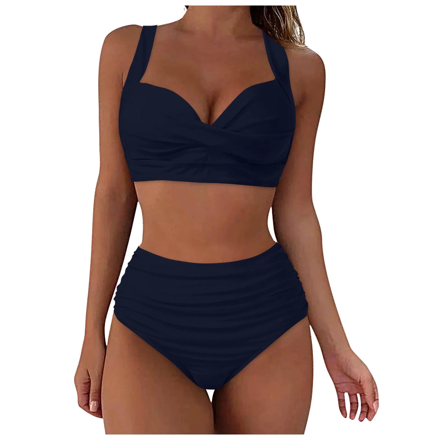 Sexy Push Up Two Piece Swimsuit Vintage Ruched High Waist Bikini Set