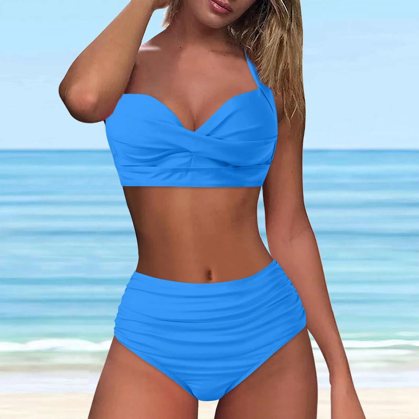 Sexy Push Up Two Piece Swimsuit Vintage Ruched High Waist Bikini Set