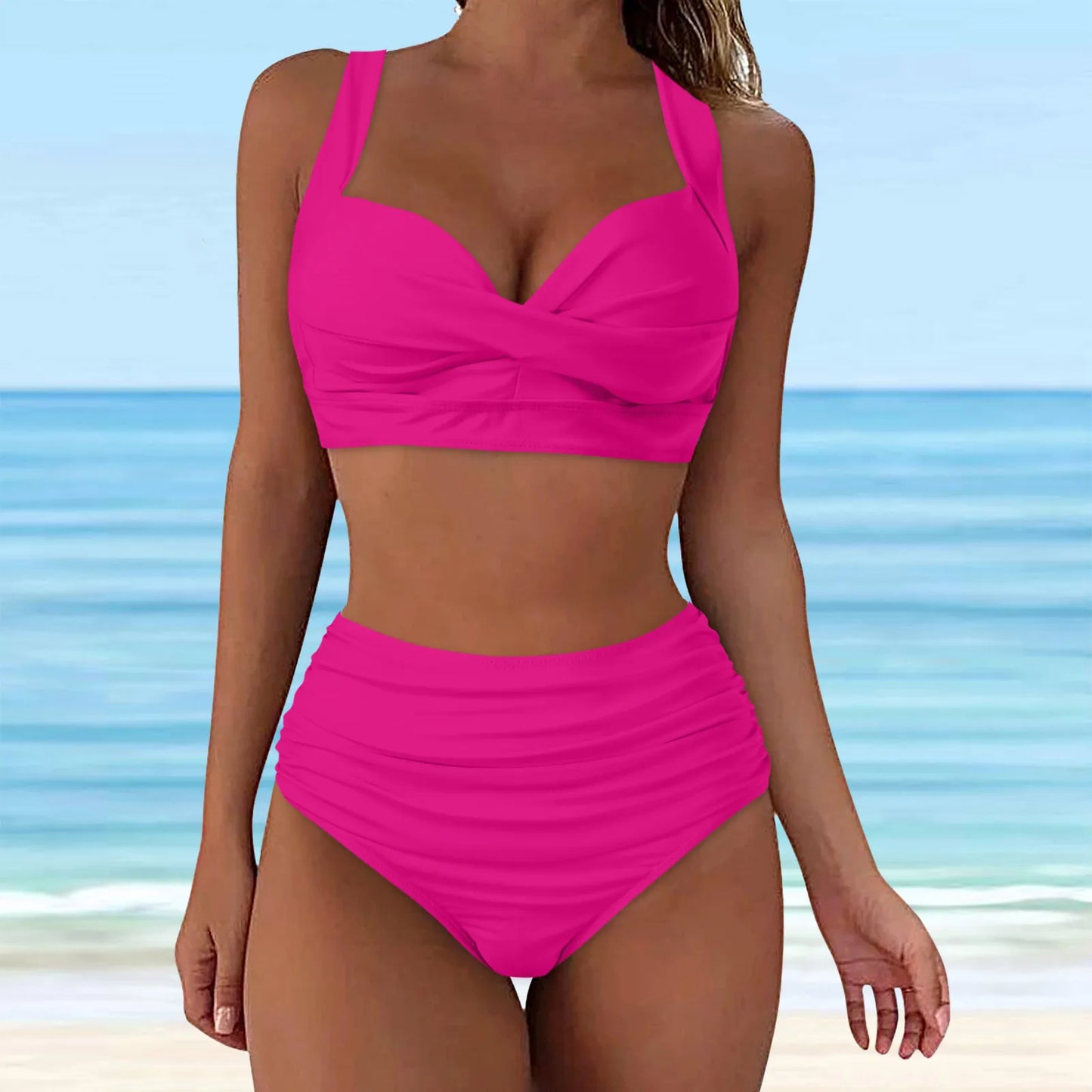 Sexy Push Up Two Piece Swimsuit Vintage Ruched High Waist Bikini Set