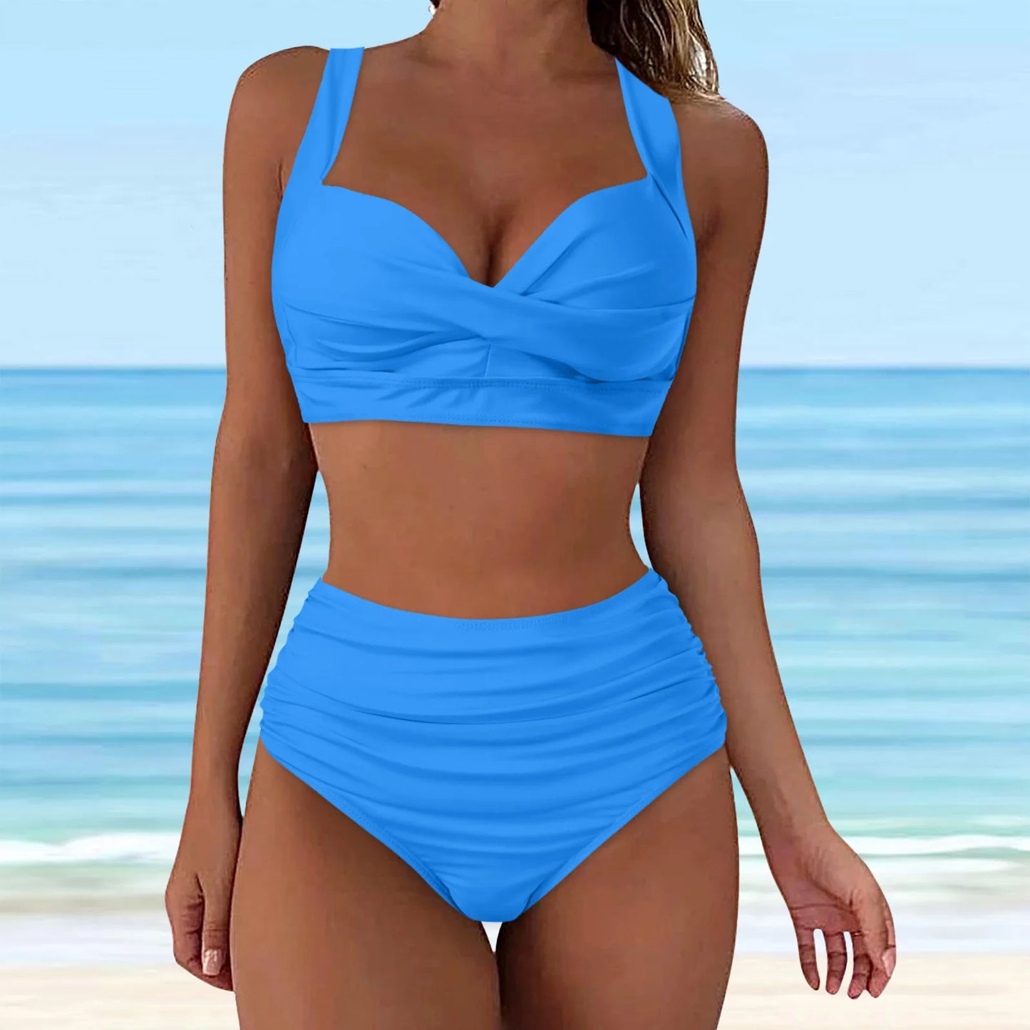 Sexy Push Up Two Piece Swimsuit Vintage Ruched High Waist Bikini Set