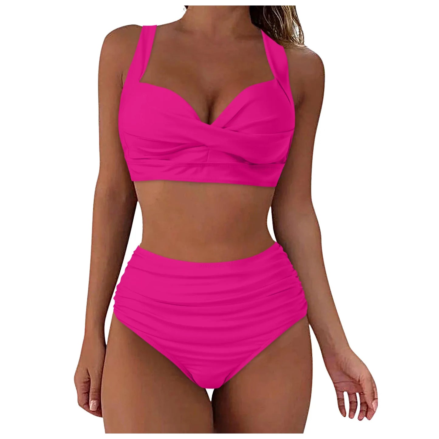 Sexy Push Up Two Piece Swimsuit Vintage Ruched High Waist Bikini Set