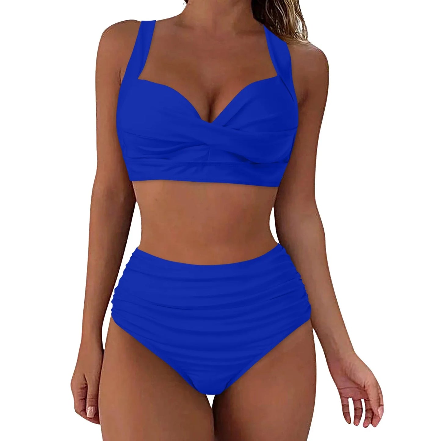 Sexy Push Up Two Piece Swimsuit Vintage Ruched High Waist Bikini Set