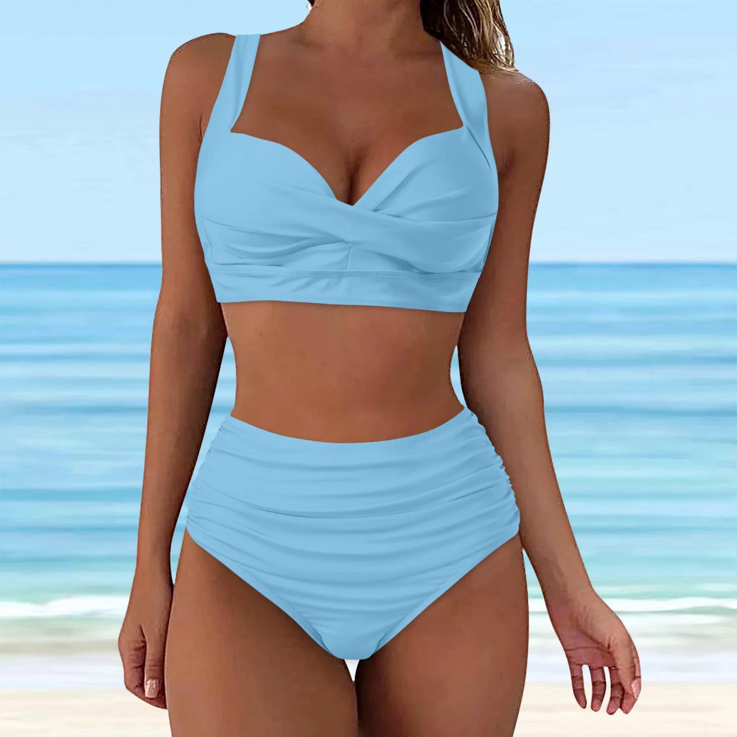 Sexy Push Up Two Piece Swimsuit Vintage Ruched High Waist Bikini Set