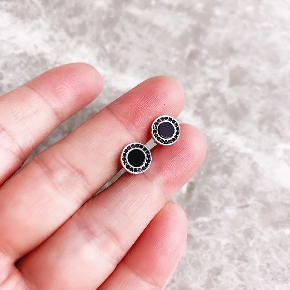 Round Black Small Stud Earrings Europe Style Fine Good Jewerly For Women Brand New Gift In Real 925 Sterling Silver