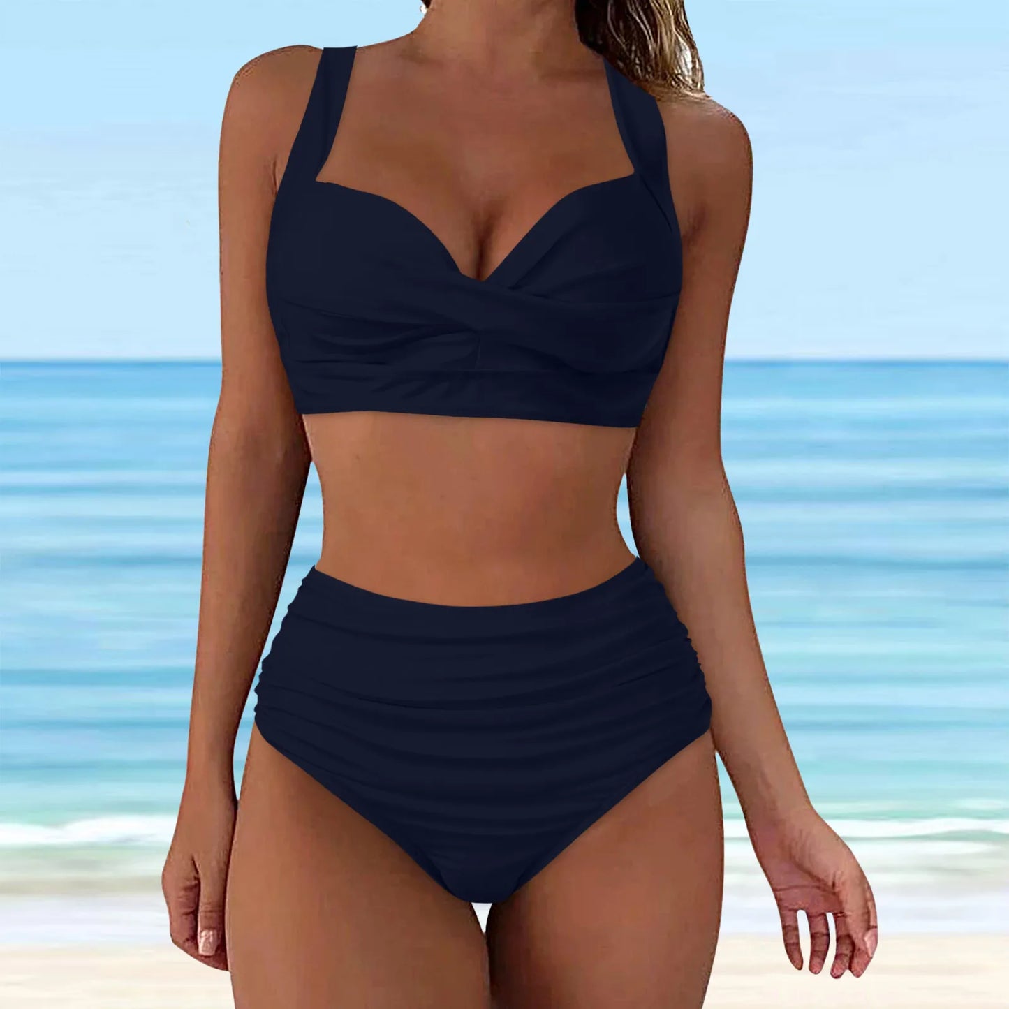 Sexy Push Up Two Piece Swimsuit Vintage Ruched High Waist Bikini Set