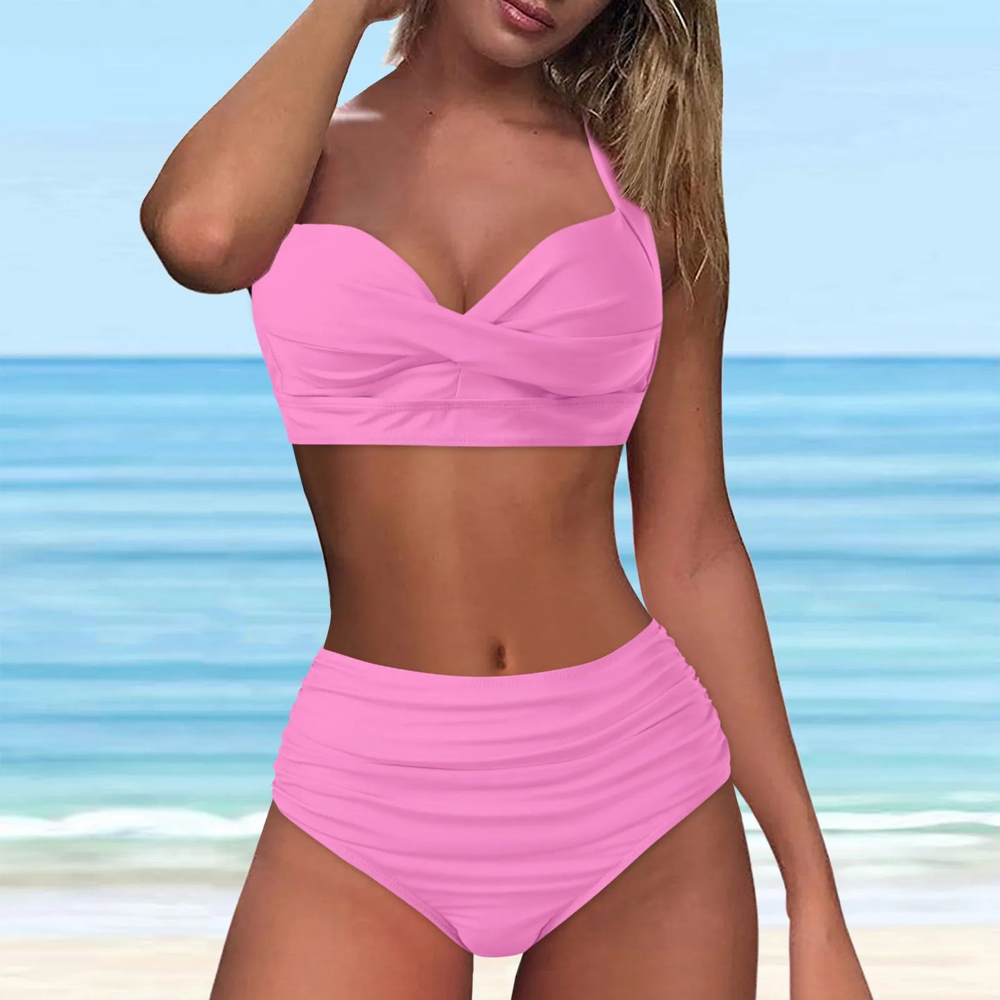 Sexy Push Up Two Piece Swimsuit Vintage Ruched High Waist Bikini Set