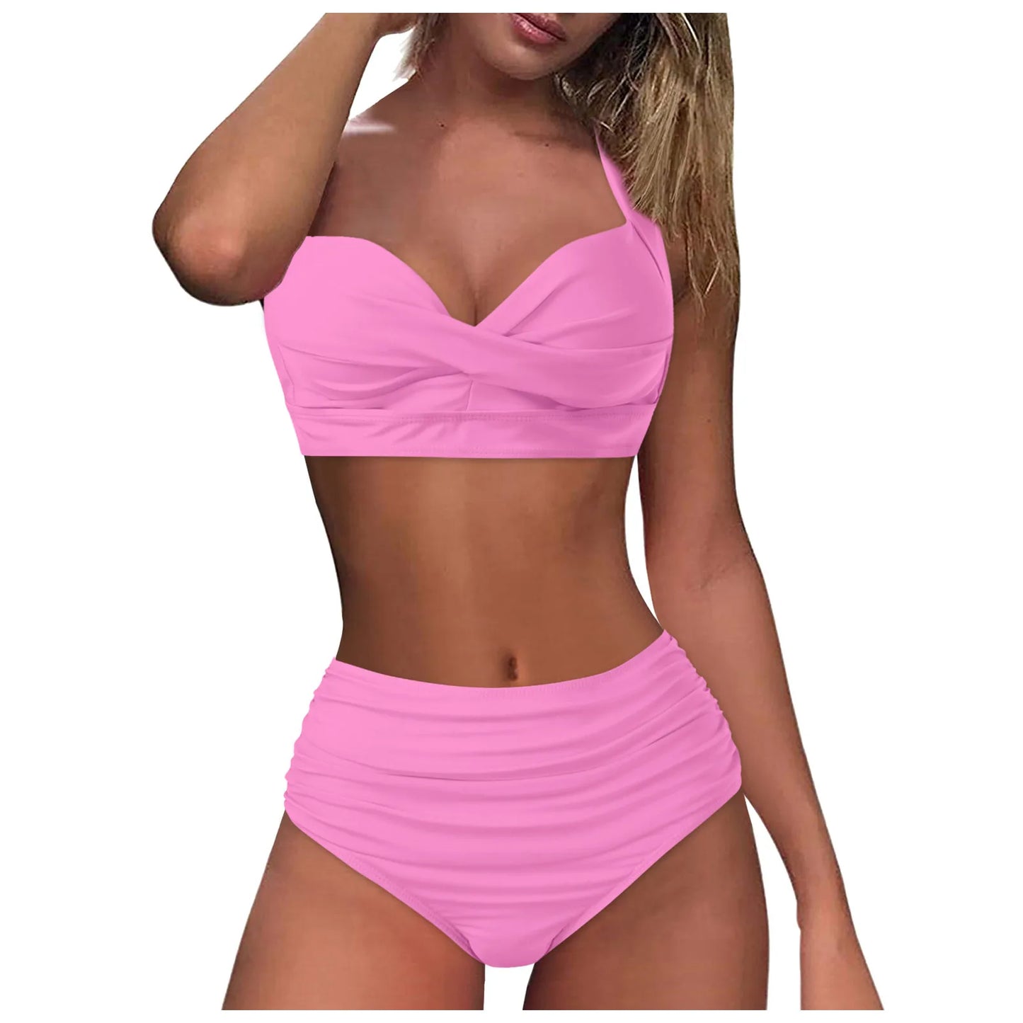 Sexy Push Up Two Piece Swimsuit Vintage Ruched High Waist Bikini Set