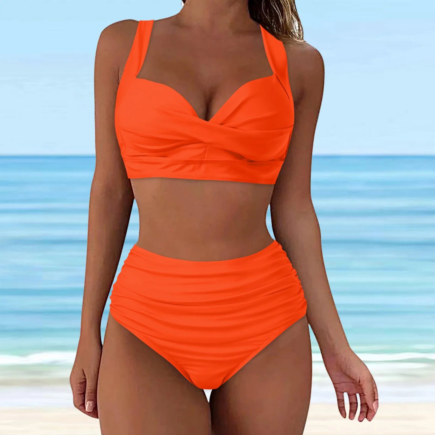 Sexy Push Up Two Piece Swimsuit Vintage Ruched High Waist Bikini Set